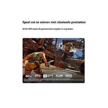 Een LG QNED AI QNED70 Mini LED voor ultieme gameplay toont een snel actiespel met een vergelijkingsinzet die de vloeiendere bewegingen benadrukt, terwijl het 60Hz, VRR, AMD FreeSync, ALLM, HGiG en GeForce NOW ondersteunt.